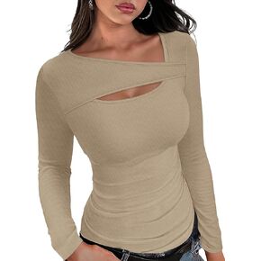 XIEERDUO Womens Long Sleeve Tops Slim Fit Fall Shirts Cutout Tops Y2K Ribbed Tshirt
