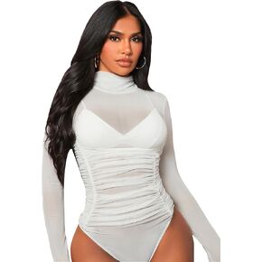 OYOANGLE Women's One Piece Long Sleeve Mock Turtle Neck Ruched Bodysuit Solid Plain Slim Fit Sheer Mesh Bodysuits