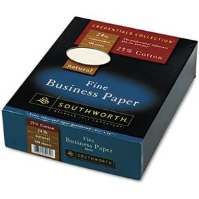 Southworth - 25% Cotton Business Paper, Natural, 24 lbs., Wove, 8-1/2 x 11, 500/Box, FSC - Sold As 1 Box - Wove-finished 25% cotton fiber stock.