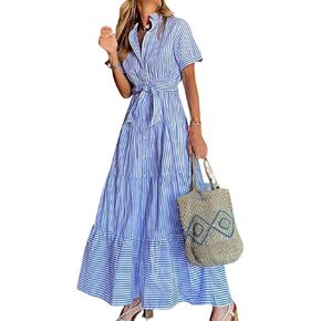 utcoco Womens Casual Short Sleeve Button Down Tie Waist Ruffled Striped Maxi Shirt Dress