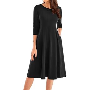 GRACE KARIN Womens 2024 Fall Trendy Crew Neck 3/4 Sleeve A Line Flowy Casual Midi Dress with Pockets