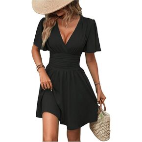 Milumia Women's Summer Ruched A Line Wrap Mini Dress Short Sleeve V Neck Swing Short Dress