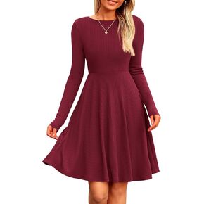 PRETTYGARDEN Women's Fall Short Dress Ribbed Knit Crewneck Long Sleeve A Line Flowy Casual Elegant Cute Going Out Dresses