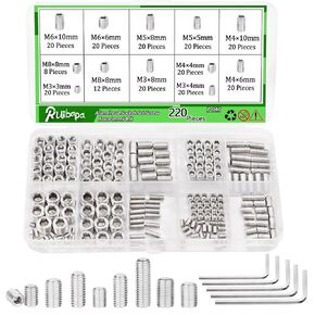 225 PCS Set Screw Assortment Kit Metric 12 Size 304 Stainless Steel Grub Screws with Hexagon Socket M3 to M8