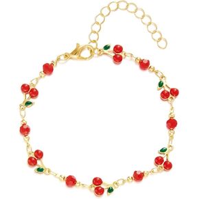 Gold Flower Bracelet for Women Dainty Cherry Bracelet Pearl Butterfly Link Bracelet Evil Eye Heart Bracelet Adjustable Summer Beach Jewelry
