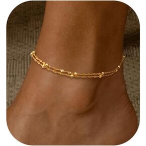 Ankle Bracelets for Women, Waterproof Gold Anklets 14k Gold Plated Layered Beaded Pearl Cuban Link Chain Anklet Set Summer Ankle Bracelet Beach Gold jewelry for Women Large Ankle Gifts