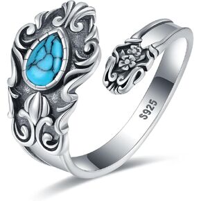 925 Sterling Silver Spoon Ring Adjustable Victorian Vintage Eye of Horus Spoon Thumb Ring Turquoise Cow Skill Aztec Calendar Sign Wolf Head Spoon Ring Spiritual Protection Jewelry Gift for Women