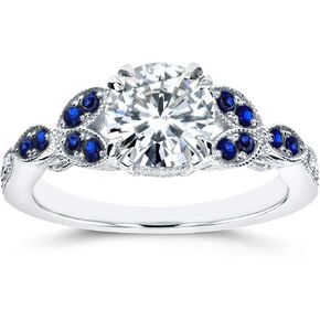 Kobelli Antique Style Moissanite and Blue Sapphire Engagement Ring Accents 1 1/5 CTW 14k White Gold