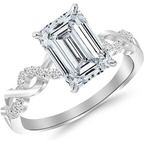 0.53 Ctw 14K White Gold Twisting Infinity Gold and Diamond Split Shank Pave Set Emerald Cut Diamond Engagement Ring (0.4 Ct E Color SI2 Clarity Center Stone)