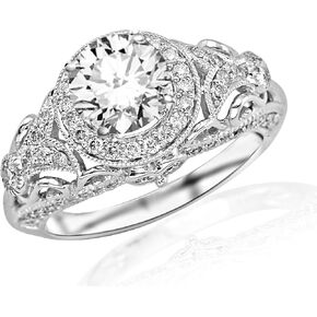 1.45 Carat Round Cut Round Diamond Engagement Ring 14K White Gold Vintage Halo Style (F-G Color, SI2-I1 Clarity)