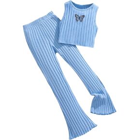 OYOANGLE Girl's 2 Piece Rib Knitted Outfits Graphic Print Sleeveless Tank Top and Flared Leg Pants Set