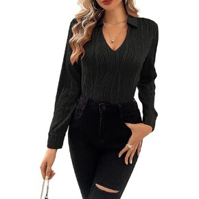 Kate Kasin Womens Textured Long Sleeve V Neck Polo Shirts Fall Knit Basic Collar Blouse Casual Pullover Tops Black