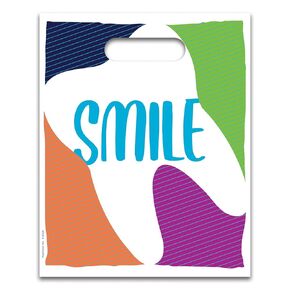 Practicon Tilted Tooth 8" x 10" Dental Giveaway Bag, Dental Hygiene Patient Care Goodie Bag, Dentist Office Plastic Gift Bags, 100 Pack