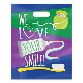Practicon We Love Your Smile 6" x 12" Dental Giveaway Bag, Dental Hygiene Patient Care Goodie Bag, Dentist Office Plastic Gift Bags, 100 Pack