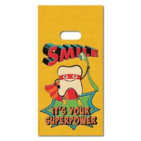 Practicon Smile Superpower 6" x 12" Dental Giveaway Bag, Dental Hygiene Patient Care Goodie Bag, Dentist Office Plastic Gift Bags, 100 Pack