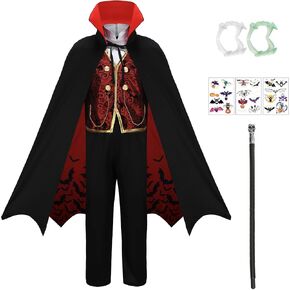 Kids Vampire Costume Boys Halloween Costume Gothic Cosplay with Deluxe Accessories Cane Glow in the Dark Sticker Teeth
