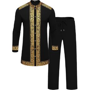 Mens African 2 Piece Set Nigerian Dashiki Metallic Traditional Suit Gold Stamp Printed Shirt and Pants Outfit