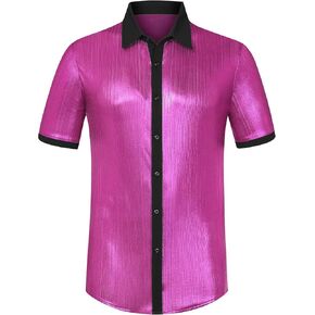 Lars Amadeus Disco Metallic Shirt for Men's Short Sleeves Button Down Nightclub Party Shiny Shirts