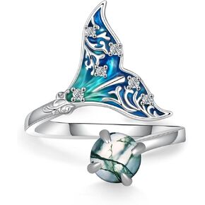 Mermaid Ring 925 Sterling Silver Mermaid Tail Ring for Women Moss Agate Ring Mermaid Jewelry Gifts for Women