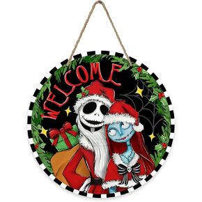 Welcome Christmas Jack Skellington Front Door Sign, Sally Xmas Gift Wood Door Hanger Outdoor Outside Porch Decor, Funny Holiday Wooden Wreath Indoor Wall Hanging Decoration