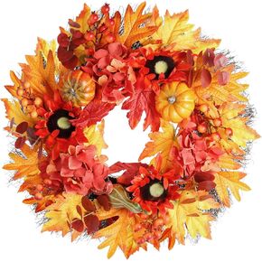 Fall Harvest Wreath, 23 Inches, Autumn Wreath with Pumpkin Sunflowers Fruits Maple and Eucalyptus Leaves, Wreaths for Thanksgiving Day Halloween Decorations Front Door and Indoor Home Decor