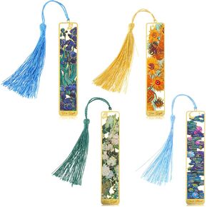 Sibba Book Marks for Book, 4Pcs Hollow Flower Metal Bookmarks with Tassels, Durable Retro Handmade Bookmarks for Women Kids Students Teachers and Book Lovers, Pretty&Increase Reading Interest