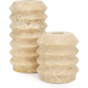 WORHE Candle Holders Italy True Natural Marble 0.4" Thick Set of 2 Premium Marble Candlestick Holder for Wedding Dinning Party Candle Stand for 3/4 inch Thick Candles Color Light Brown (WH034)