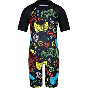 TFJH E One-Piece Boys Short Sleeve Swimsuits Rash Guard Suits Swimwear 50+ UV Sun Protective Zip