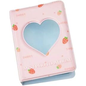 1Pcs 3Inch Pink(Strawberry) Mini Photo Album Photocard Binder Holder Book Love Heart Hollow Card Binder Kpop Photo Card Holder for Collecting Picture with，Photo Albums
