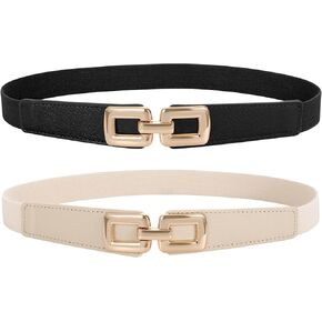 2 Pack Women Skinny Elastic Waist Belt for Dress Ladies Thin Stretch Belt with Gold Buckle