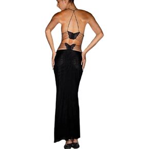 Women's Fairy Butterfly Maxi Dress Sexy Sleeveless Backless Long Dress Bandage String Bodycon Beach Club Party Dress