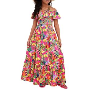Girl's 2 Piece Outfits Tropical Print Off Shoulder Ruffle Trim Short Sleeve Top and Flared Hem A Line Skirt Set