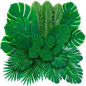 Decopom Palm Leaves Artificial Tropical Monstera - 48 Pack 6 Kinds Large Small Green Fake Palm Leaf with Stems for Safari Jungle