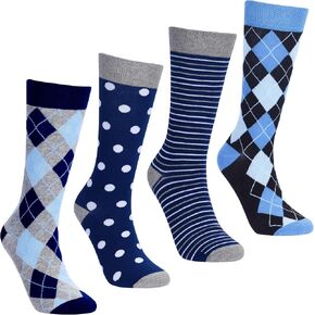 Men’s Dress Socks, Fun Colorful Patterned, Mid-Calf, Cotton Blend, 4-Pack