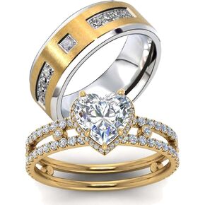 ringheart Couple Rings Matching Ring Heart 1.5ct CZ Yellow Gold Plated Women Wedding Ring Sets for Him and Her Rings