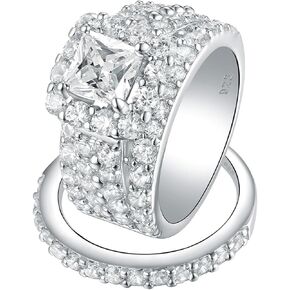 Wuziwen 4Ct Vintage Wedding Ring Set for Women Cubic Zirconia 925 Sterling Silver Princess Halo Cluster Bridal Engagement Rings for Her