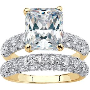 PalmBeach Yellow Gold-Plated or Platinum Plated Emerald Cut Cubic Zirconia Pave Bridal Ring Set Size 7