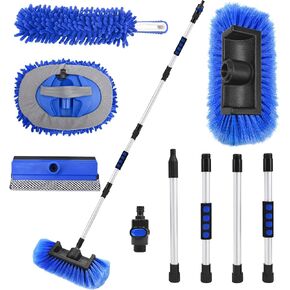 65" Car Wash Brush with Long Handle, Car Wash Mop, Flow-Thru Soft Bristle Car Washing Brush with Extendable Handle and Hose Attachment for Car, SUV, Truck,RV, Boat