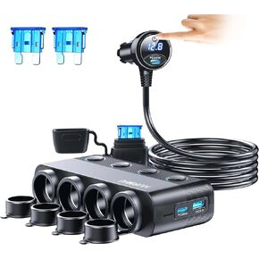 Cigarette Lighter Splitter Adapter 216W 4 Socket Heavy Duty Truck Car USB Chager Multi Port with PD30W/QC3.0 Charge USB C 12V/24V Independent Switches & Dust Cover & Waterproof for All Car Devices