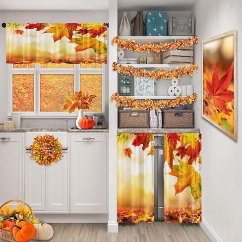 Arttown Fall Kitchen Window Curtains and Valances Set 36 Inch, Farmhouse Truck Pumpkins House Gnomes Vintage Short Tier Curtain for Cafe Living Room Bathroom, Autumn 3 Pieces Set Kitchen Decor in Saudi Arabia