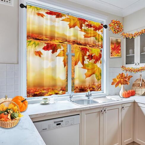 Arttown Fall Kitchen Window Curtains and Valances Set 36 Inch, Farmhouse Truck Pumpkins House Gnomes Vintage Short Tier Curtain for Cafe Living Room Bathroom, Autumn 3 Pieces Set Kitchen Decor in Saudi Arabia