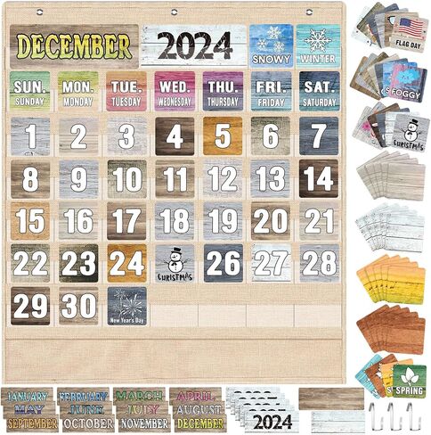 Fulmoon Rustic Calendar Pocket Chart Set Classroom Calendar Decoration Calendar Bulletin Board with Pocket Chart Seasons Festival Weather Calendar Pocket Chart for Back to School Classroom Supplies in Saudi Arabia
