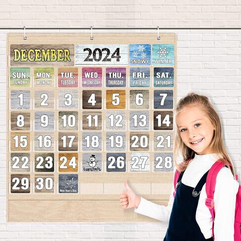 Fulmoon Rustic Calendar Pocket Chart Set Classroom Calendar Decoration Calendar Bulletin Board with Pocket Chart Seasons Festival Weather Calendar Pocket Chart for Back to School Classroom Supplies in Saudi Arabia