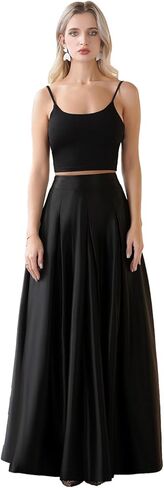 Women's Front Pleated Back Elastic Formal Prom Party Maxi Skirt A-Line Satin Skirts with Pockets in Kuwait