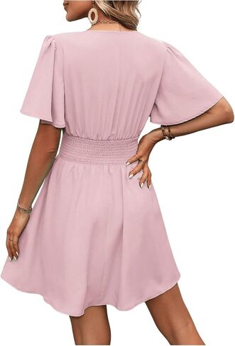 Milumia Women's Summer Ruched A Line Wrap Mini Dress Short Sleeve V Neck Swing Short Dress in Saudi Arabia