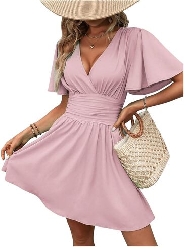 Milumia Women's Summer Ruched A Line Wrap Mini Dress Short Sleeve V Neck Swing Short Dress in Saudi Arabia