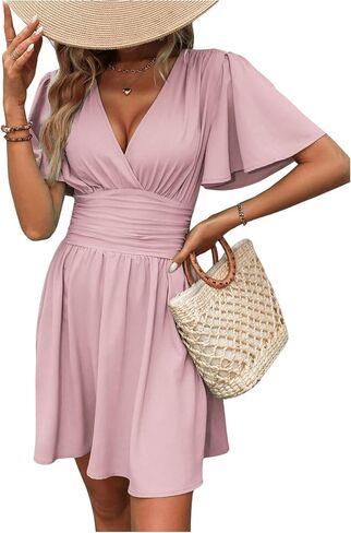 Milumia Women's Summer Ruched A Line Wrap Mini Dress Short Sleeve V Neck Swing Short Dress in Saudi Arabia