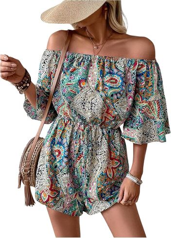 Milumia Women's Graphic Print Off Shoulder Elastic Waist Romper Summer Short Jumpsuit in Saudi Arabia