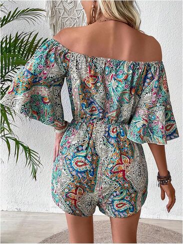 Milumia Women's Graphic Print Off Shoulder Elastic Waist Romper Summer Short Jumpsuit in Saudi Arabia