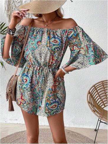 Milumia Women's Graphic Print Off Shoulder Elastic Waist Romper Summer Short Jumpsuit in Saudi Arabia